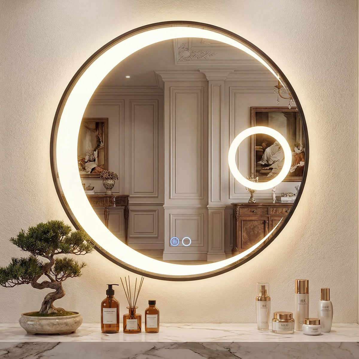61 cm Round LED Bathroom Mirror with Anti-Fog Function and 3 Light Colors