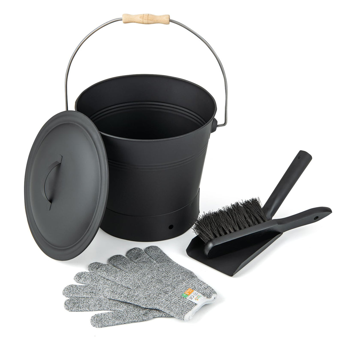 Fireplace Ash Can with Handle Gloves and Tools for Wood Burning Stoves