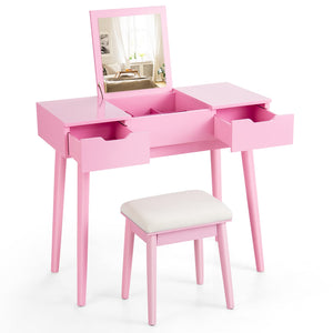 Dressing Table Set, Vanity Makeup Table Set w/Flip Top Mirror