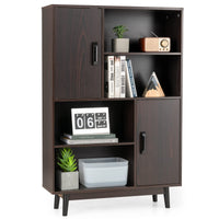 Giantex 4-Tier Wooden Bookshelf, Freestanding Storage Display Cabinet w/ 2 Doors, 4 Open Shelf