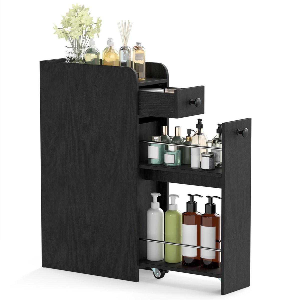 Giantex Slim Storage Cabinet, Narrow Bathroom Cabinet w/Slide Out Drawer & Spacious Top