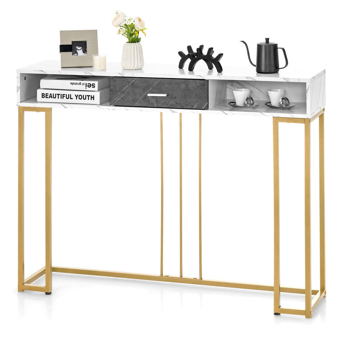 Giantex 2-Tier Faux Marble Console Table, Sofa Side Table w/Golden Steel Frame & Drawer, White