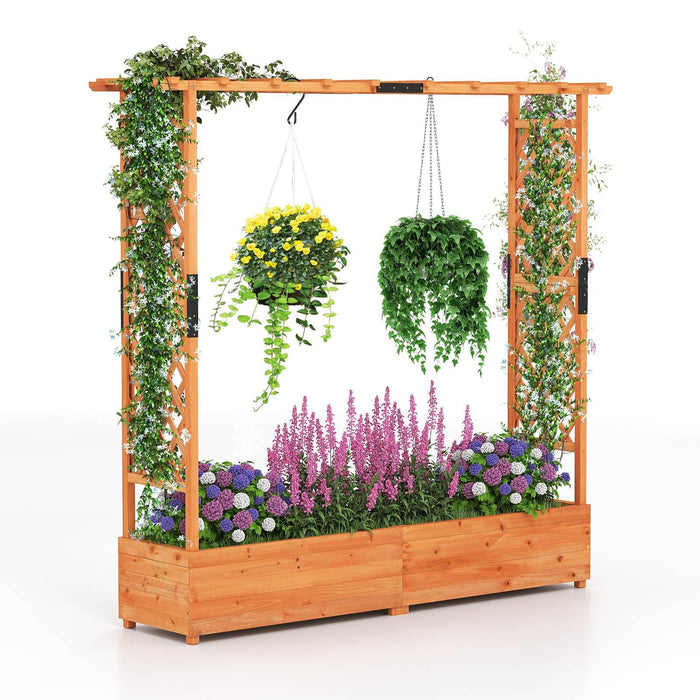 Raised Garden Bed with 2-Sided Trellis & Hanging Roof, Fir Wood Planter Box