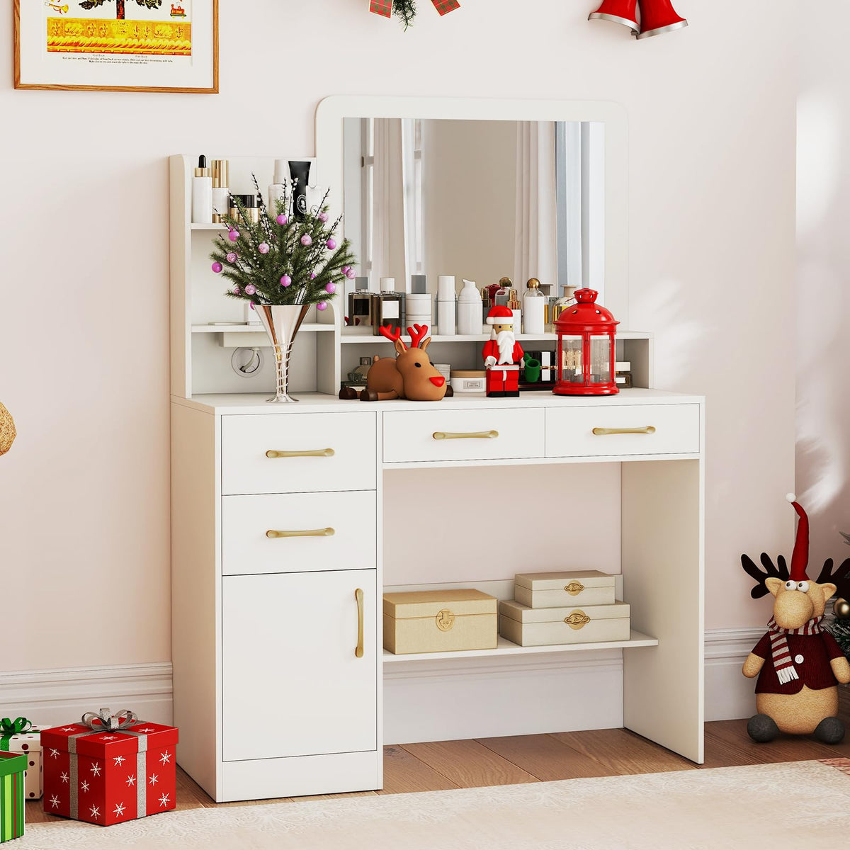 Vanity Desk with Mirror Charging Station USB and Type-C Ports