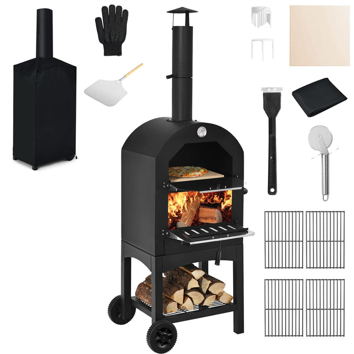 Portable Outdoor Pizza Oven, Patio Pizza Grill, Wood-fired Pizza Maker w/Pizza Stone, Waterproof Cover and Pizza Peel
