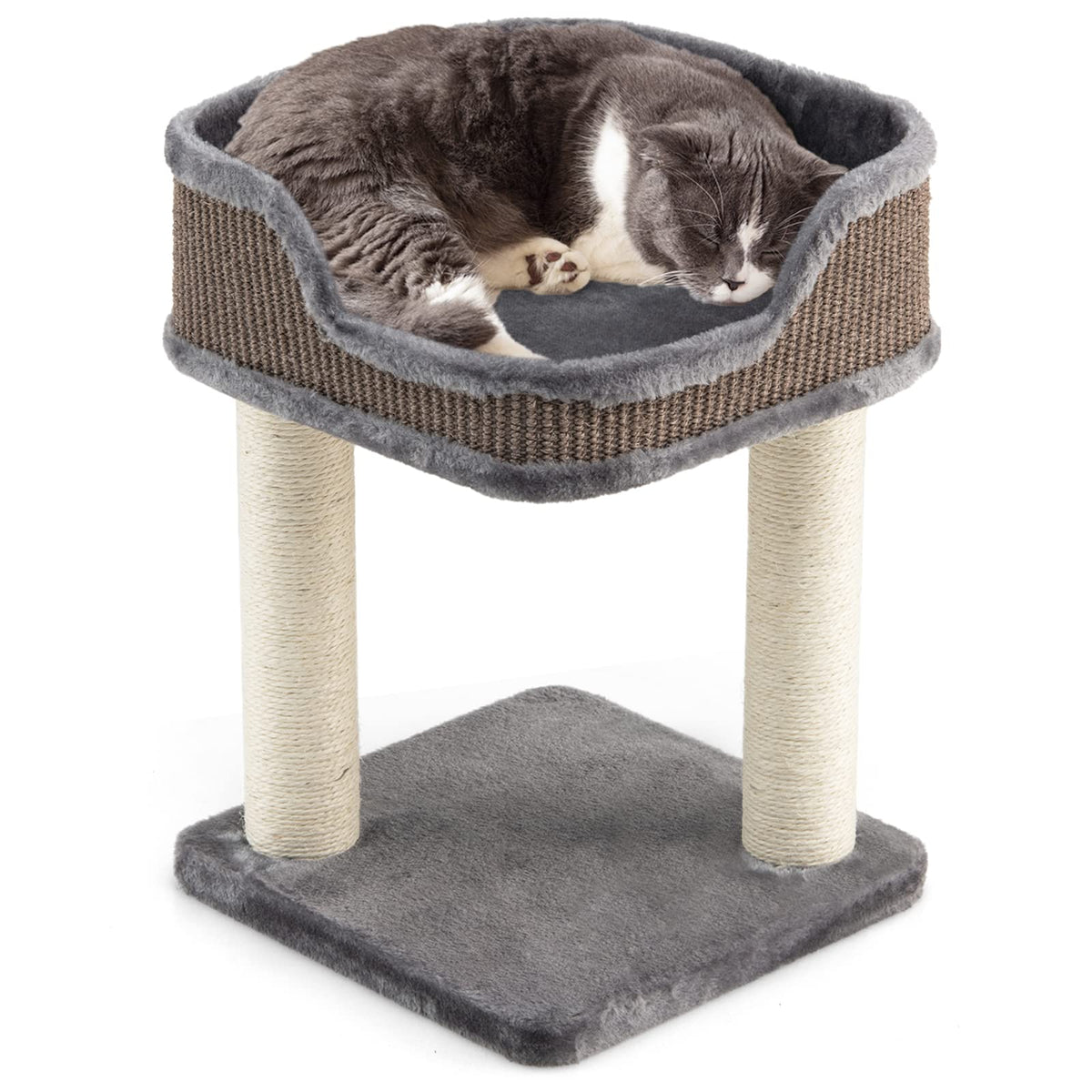 Cat Tree Tower, Compact 2-Tier Cat Activity Tree with Large Plush Top Perch Bed, Natural Sisal Wrapped Scratching Posts