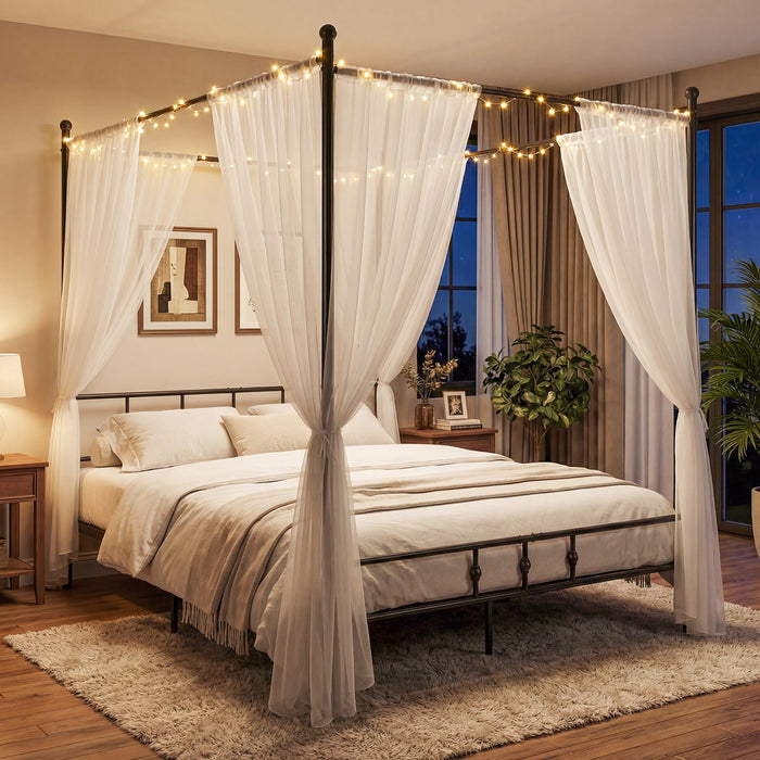 Canopy Bed Frame Modern 4-Poster Platform Bed with Headboard and Under-bed Storage
