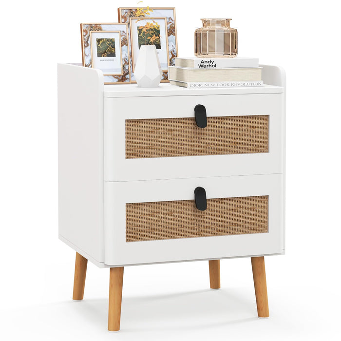 Modern End Table Bedside Table with 2 Rattan Decorated Drawers for Small Spaces