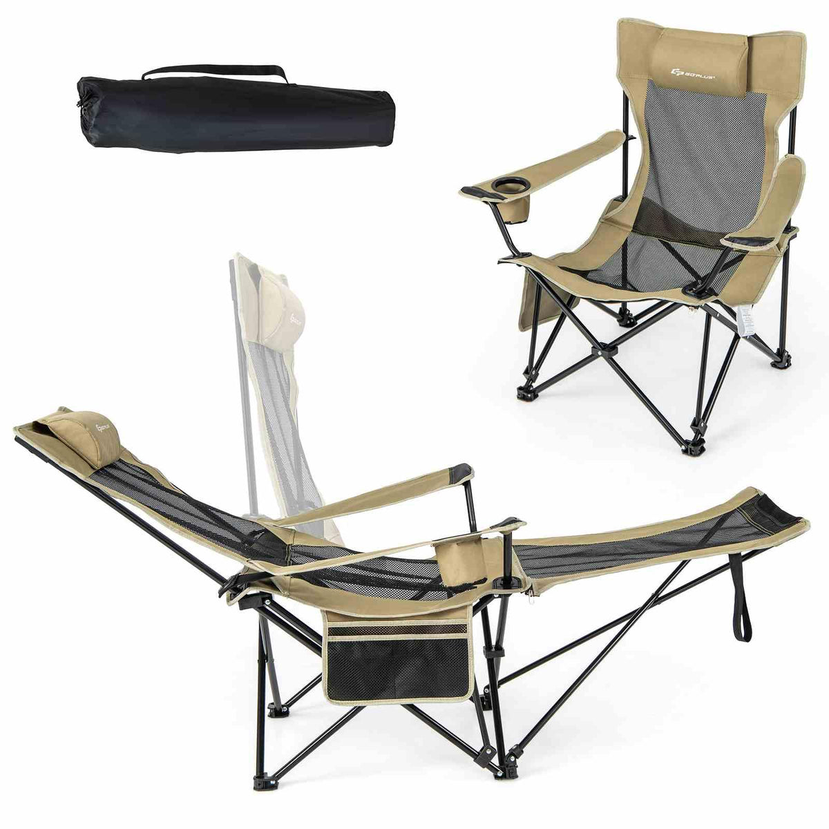 2 in 1 Folding Camping Lounge Chair with Detachable Footrest for Fishing Picnics