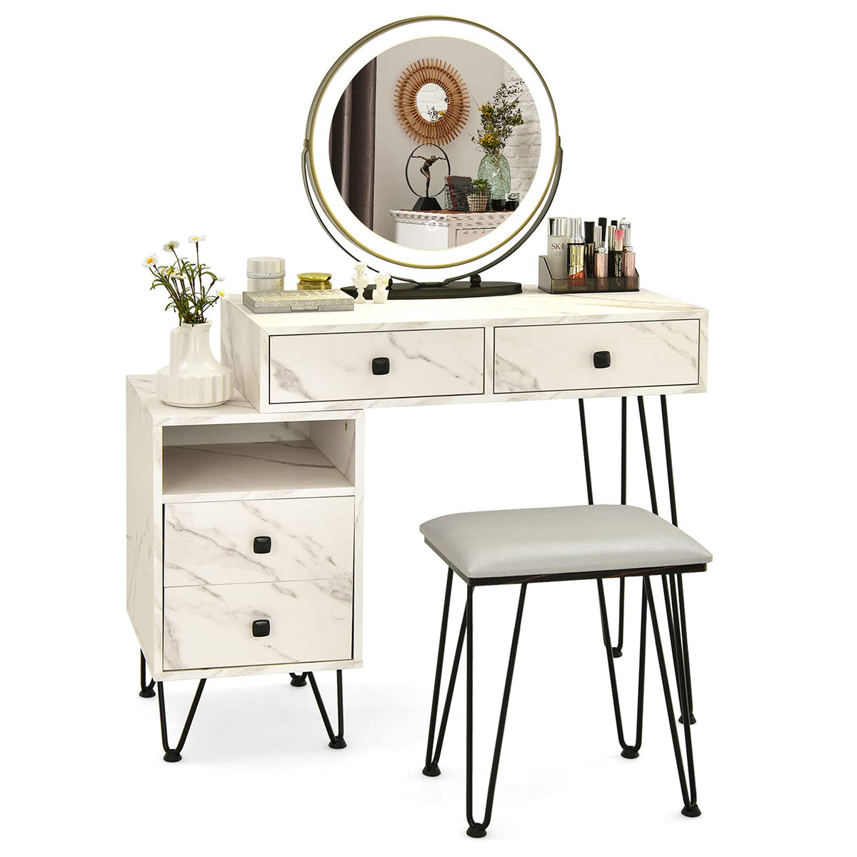 Giantex Makeup Vanity Set w/ Lighted Mirror, Modern Dressing Table with Storage Cabinet, Drawers, Cushioned Stool