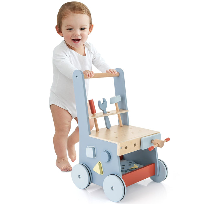 2-in-1 Wooden Baby Push Walker with Multi-Activity Center