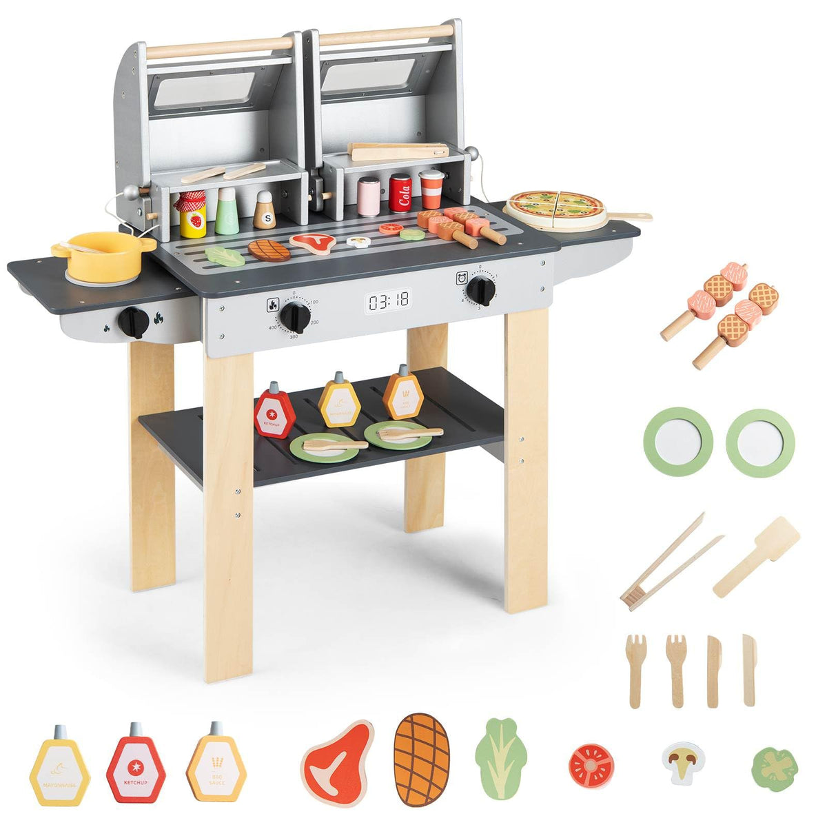 Wooden Kids Barbecue Grill Playset Kids Toy Grill with Abundant Grilling Tools and Play Foods