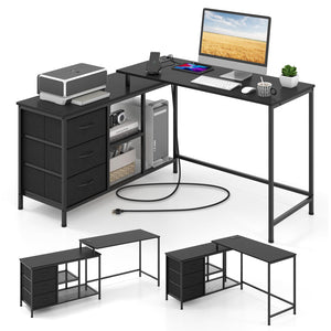 Giantex L-Shaped Computer Desk with Power Outlet, Convertible Corner Desk with 3 Fabric Drawers & Metal Mesh Shelves
