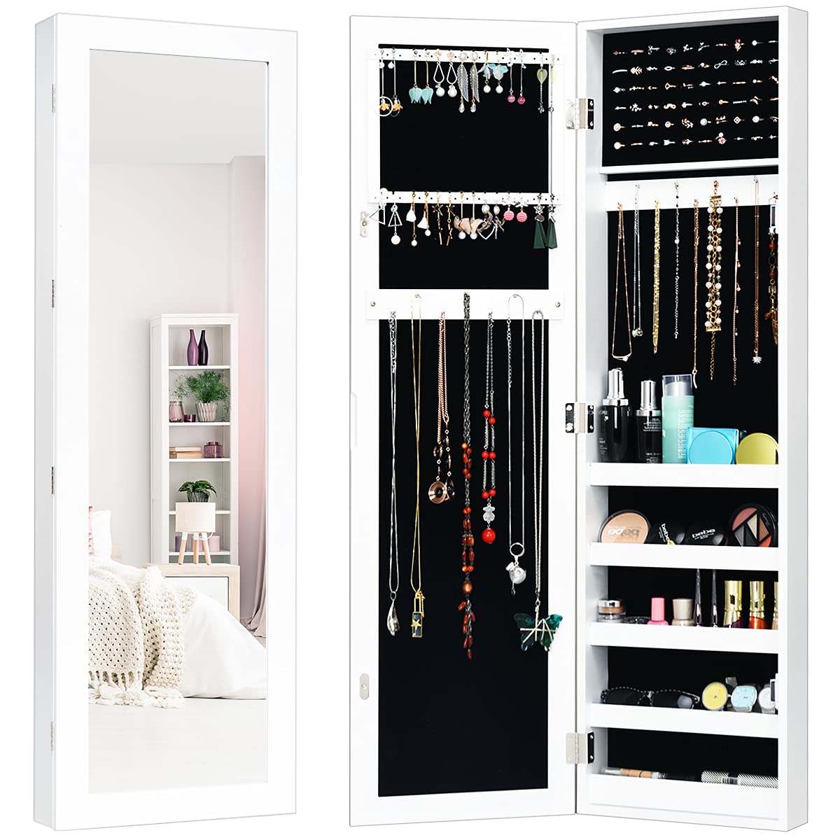 Giantex Jewelry Storage Armoire, Jewelry Armoire Organizer w/ Full Length Mirror, Wall Door Mounted Mirror Jewelry Cabinet