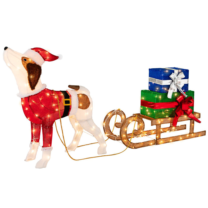 Lighted Christmas Decorations, 170 Warm Bright Lights Outdoor Pre-lit Xmas Dog & Sleigh & Gift Boxes Combo