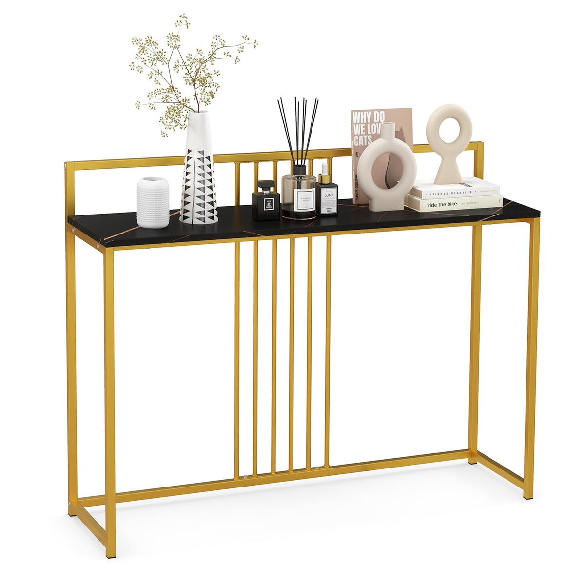 Giantex Modern Minimalist Console Table, Narrow Sofa Side Table w/Faux Marble Tabletop & Golden Steel Frame