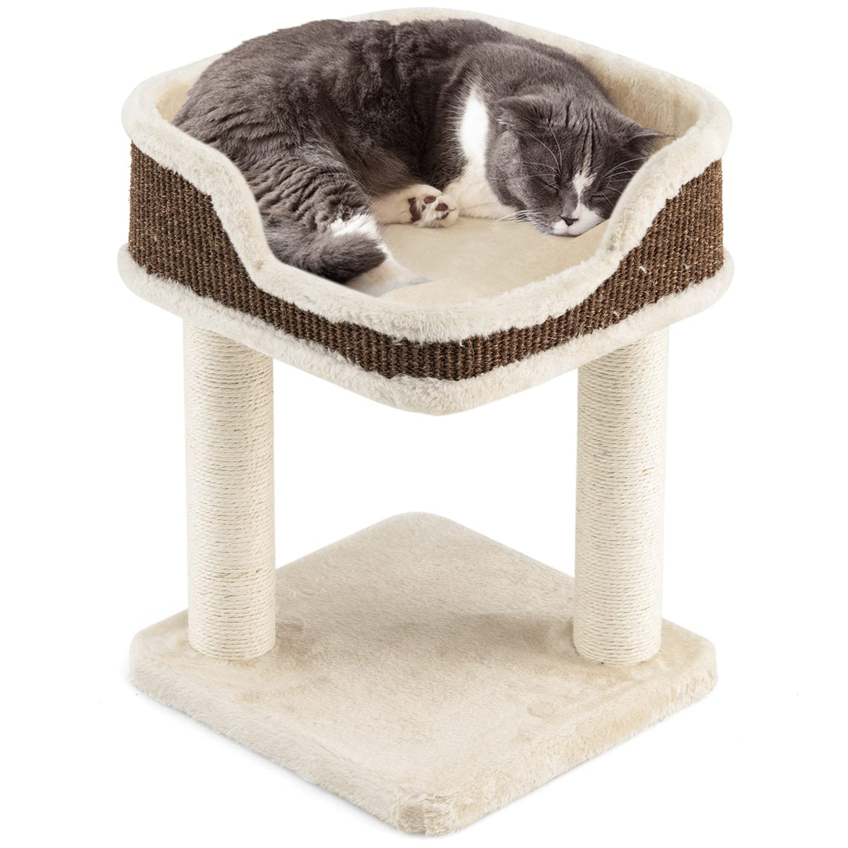 Cat Tree Tower, Compact 2-Tier Cat Activity Tree with Large Plush Top Perch Bed, Natural Sisal Wrapped Scratching Posts