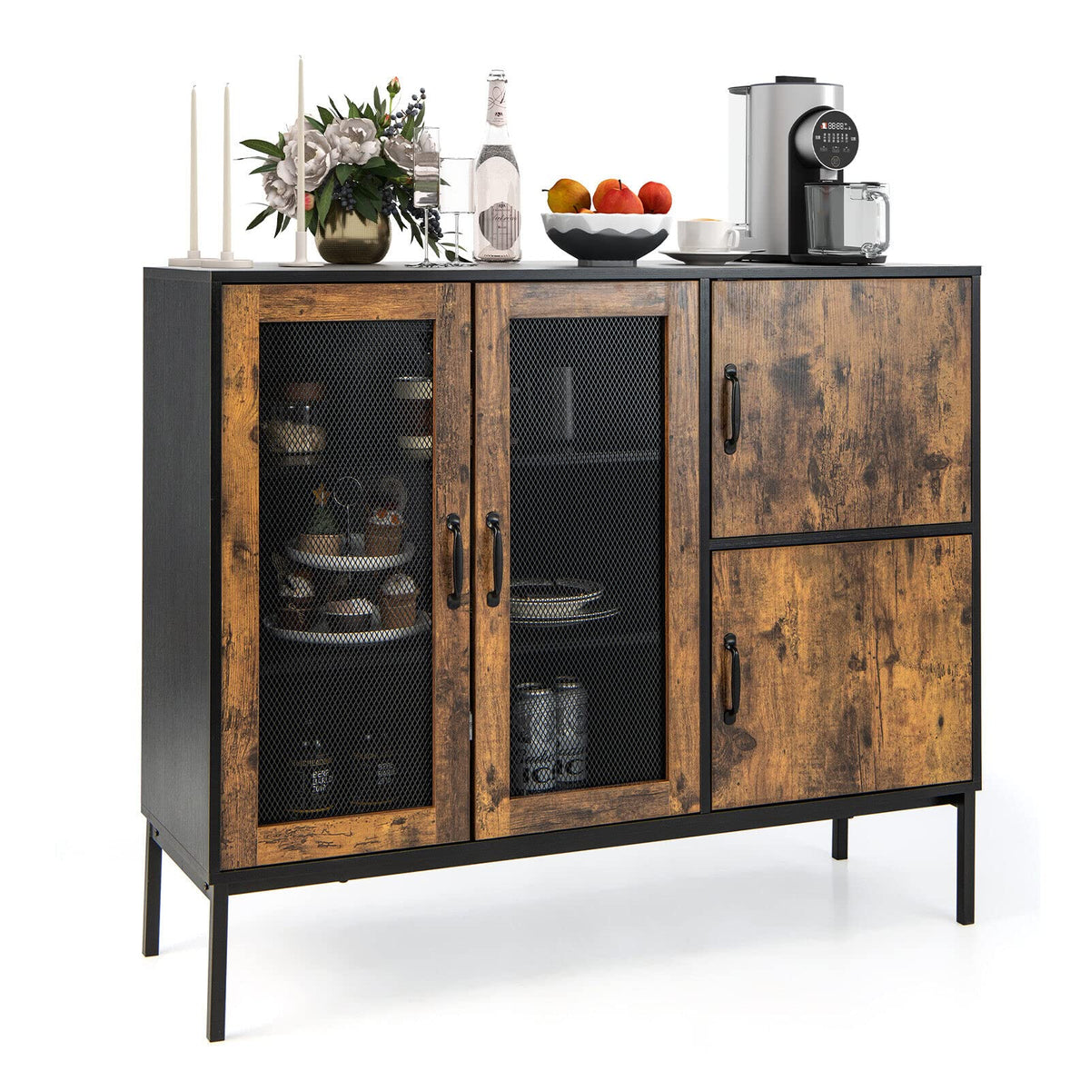 Giantex 120cm Industrial Kitchen Buffet Sideboard, Farmhouse Cupboard, Metal Mesh Doors , Rustic Brown