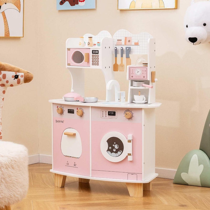 All-in-1 Wooden Kids Kitchen Playset, Pretend Play Kitchen w/Coffee Maker, Microwave, Oven