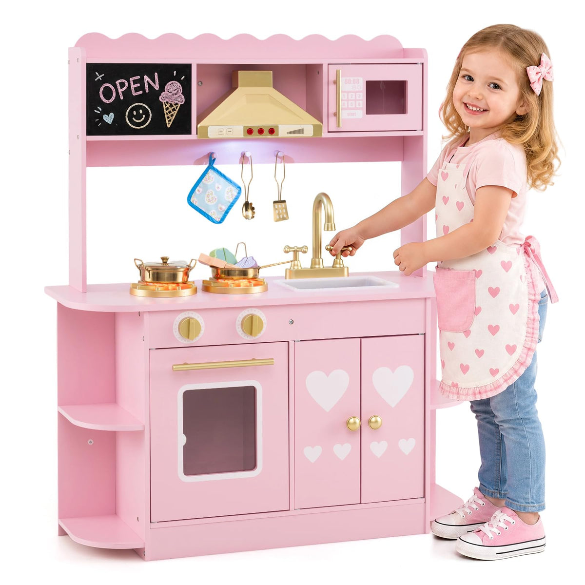 Wooden Play Kitchen for Kids Toddlers with Real Lights and Sounds