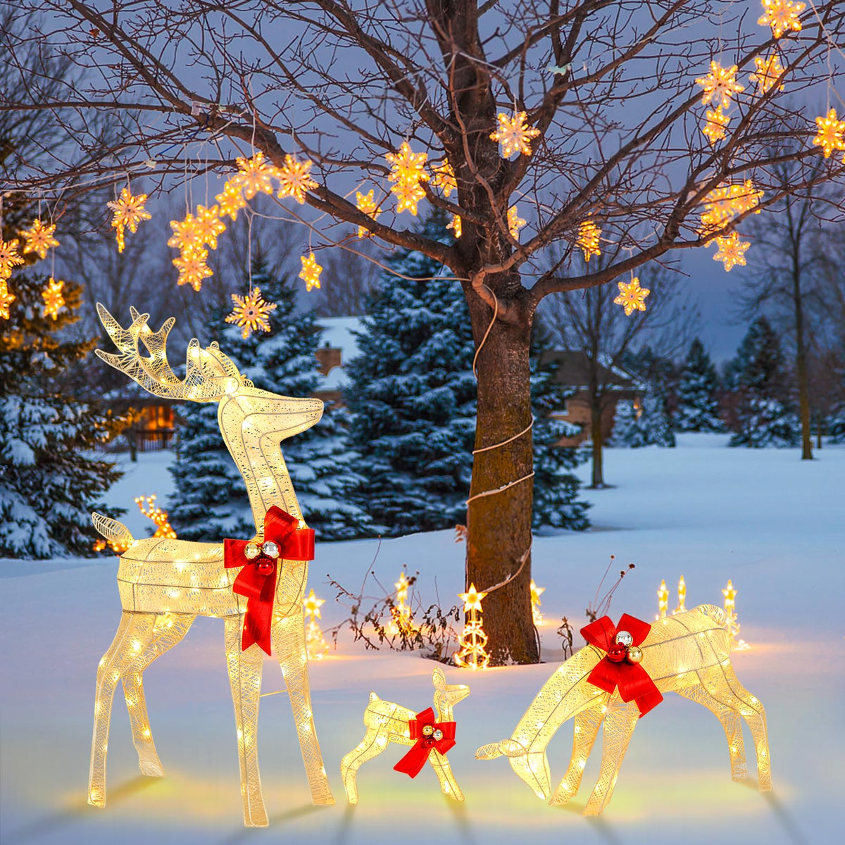 3 Pieces Lighted Reindeer Family Set, Pre-lit Christmas Decoration w/ 230 LED Lights, Stakes