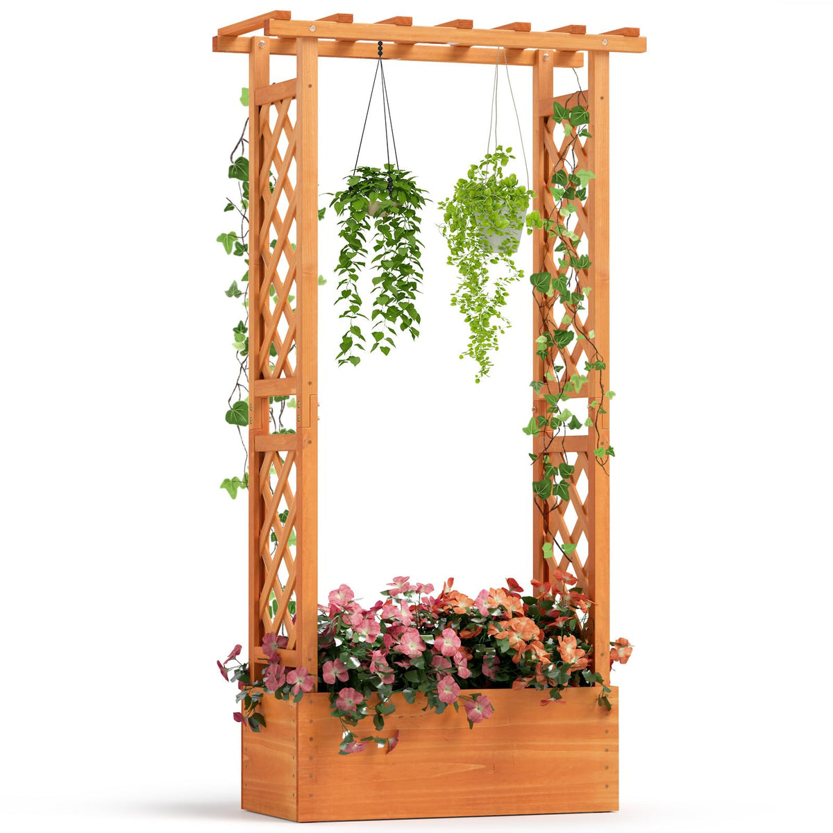 Giantex Raised Garden Bed with 2-Sided Trellis & Hanging Roof, 31" x 12.5" x 60"