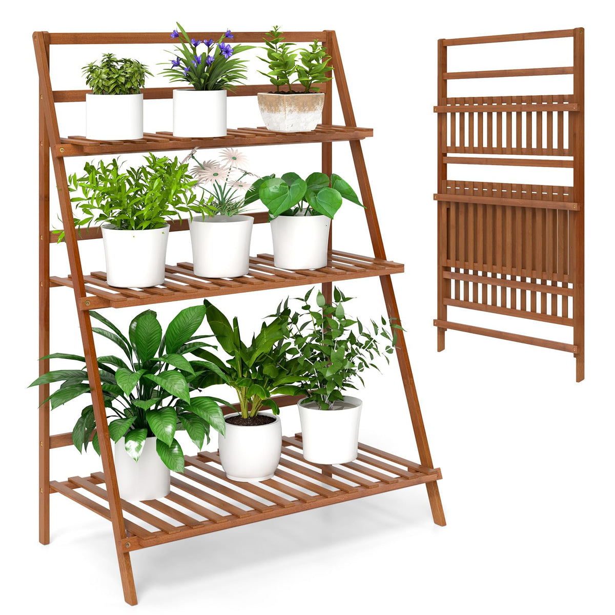 Folding Bamboo Plant Stand, 3-tier Ladder Plants Holder Organizer