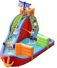 6-in-1 Pirate Ship Bounce House w/Long Slide, Climbing Wall, Splash Pool, Dart Game, Ring-toss & Water Guns, Kids Bouncer Castle w/Carrying Bag (without Blower)