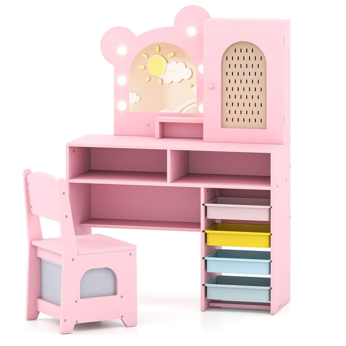 Princess Makeup Dressing Table with 3-Color Lighted Mirror and Cabinet