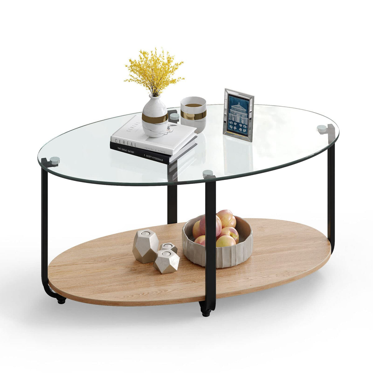 Giantex 2-Tier Coffee Table, Oval Modern Side Table with Tempered Glass Tabletop & Wooden Shelf