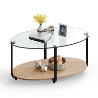 Giantex 2-Tier Coffee Table, Oval Modern Side Table with Tempered Glass Tabletop & Wooden Shelf