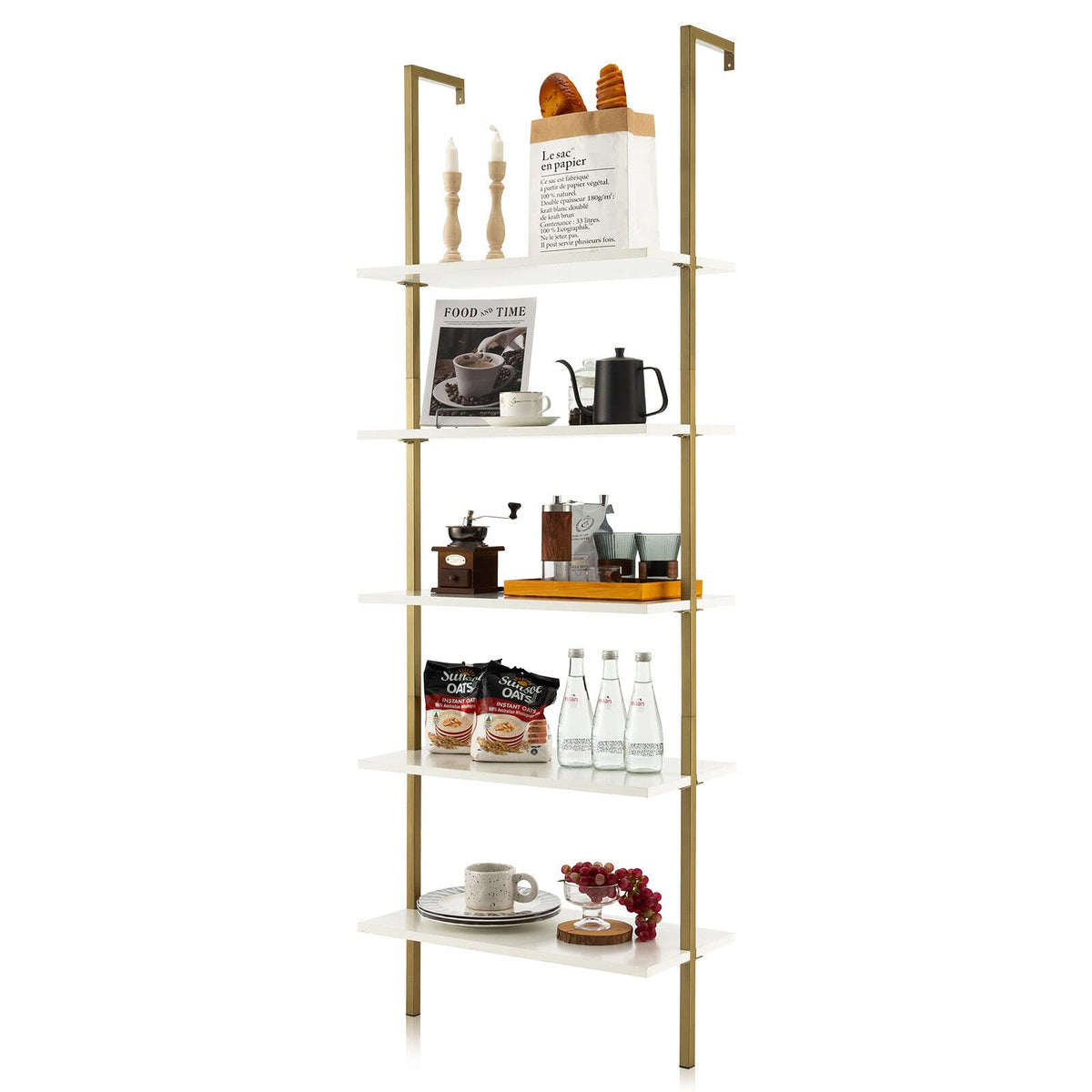 Giantex 5-Tier Ladder Shelf, Wall Mounted Bookshelf with Steel Frame, Elegant Bookcase, White & Gold