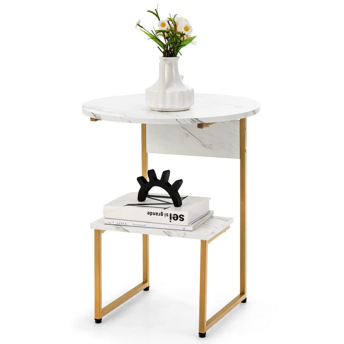 Giantex G-Shaped Side Table with Storage, 2-Tier End Table for Small Space White
