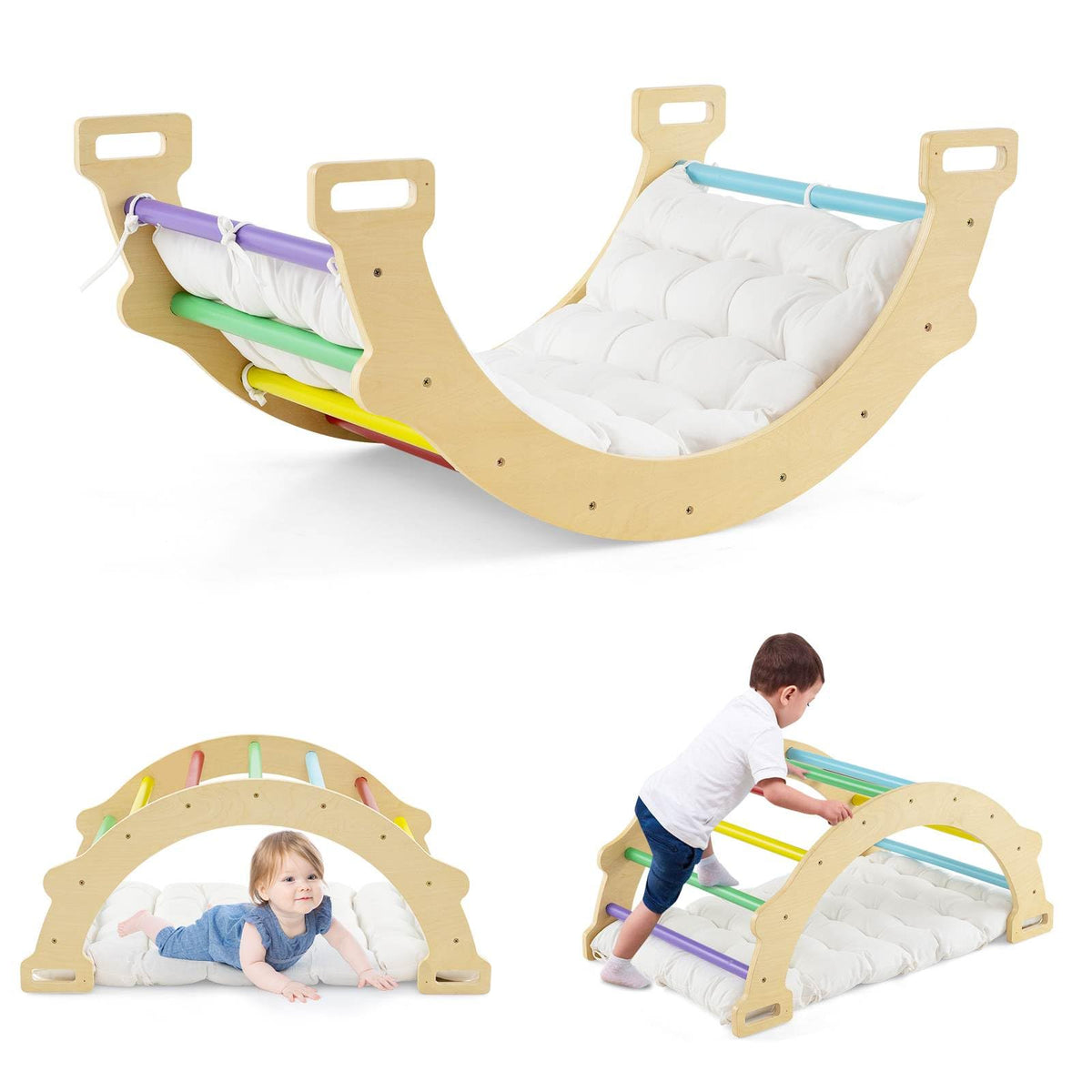 4-In-1 Wooden Kids Climber Arch Rocker with Cushion Montessori Toy
