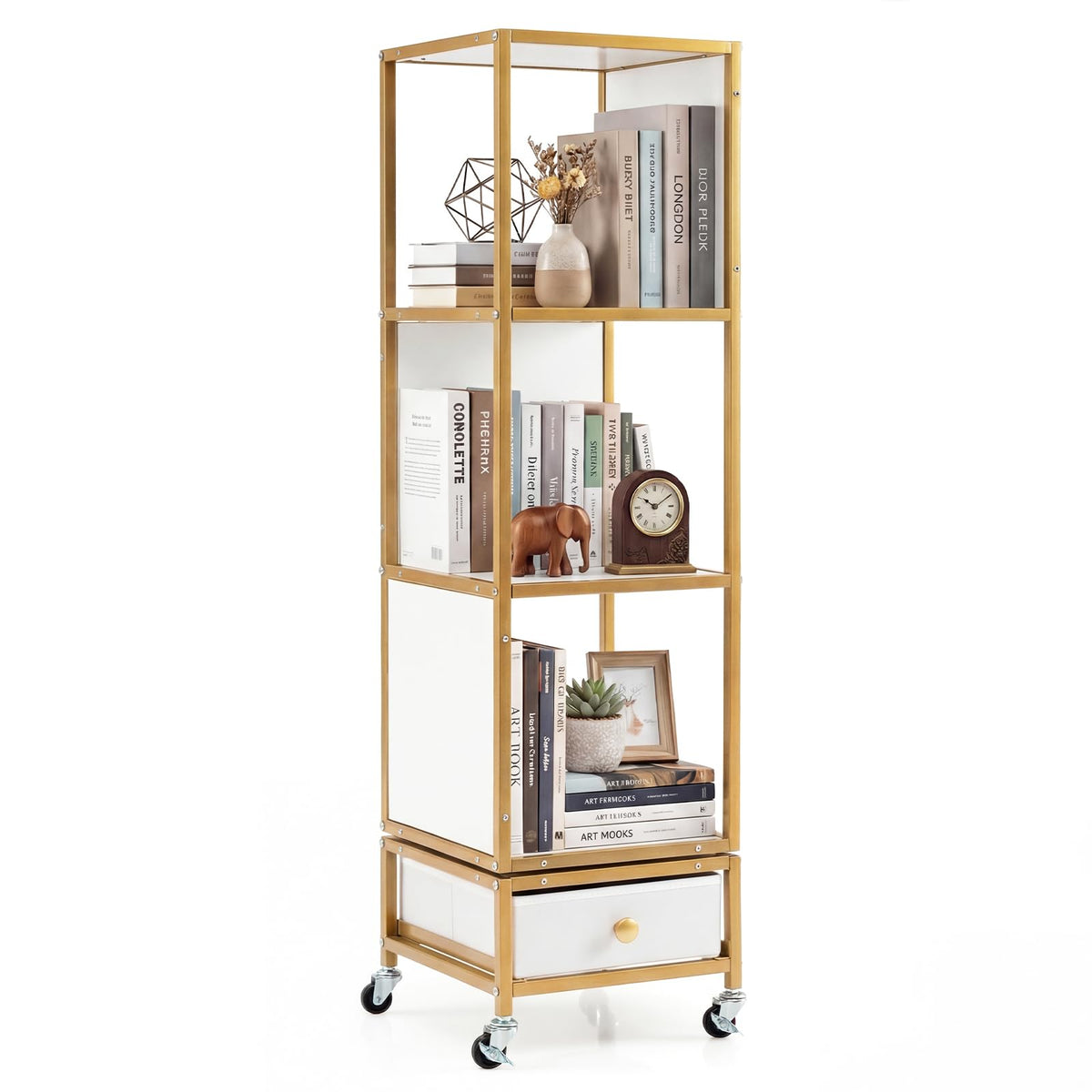 4-Tier Rotating Bookshelf on Wheels, 360° Spinning Corner Book Shelf Tower