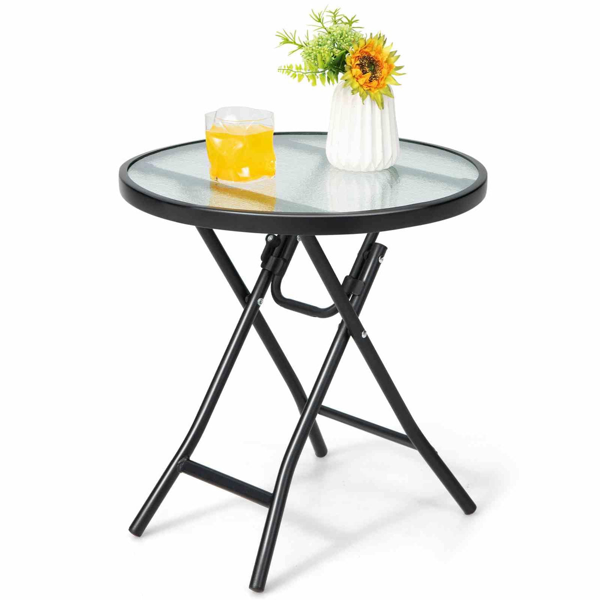 Foldable Outdoor Bistro Table, 46 cm Tempered Glass Coffee Table, Portable Patio Dining Table Side Table