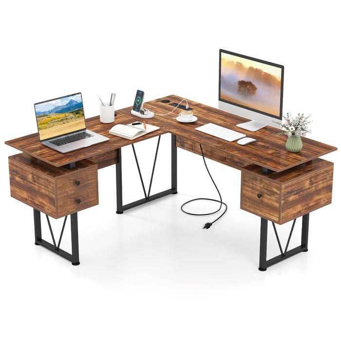 Giantex L-Shaped Computer Desk with Power Outlets, 150cm Corner Desk with 3 Storage Drawers