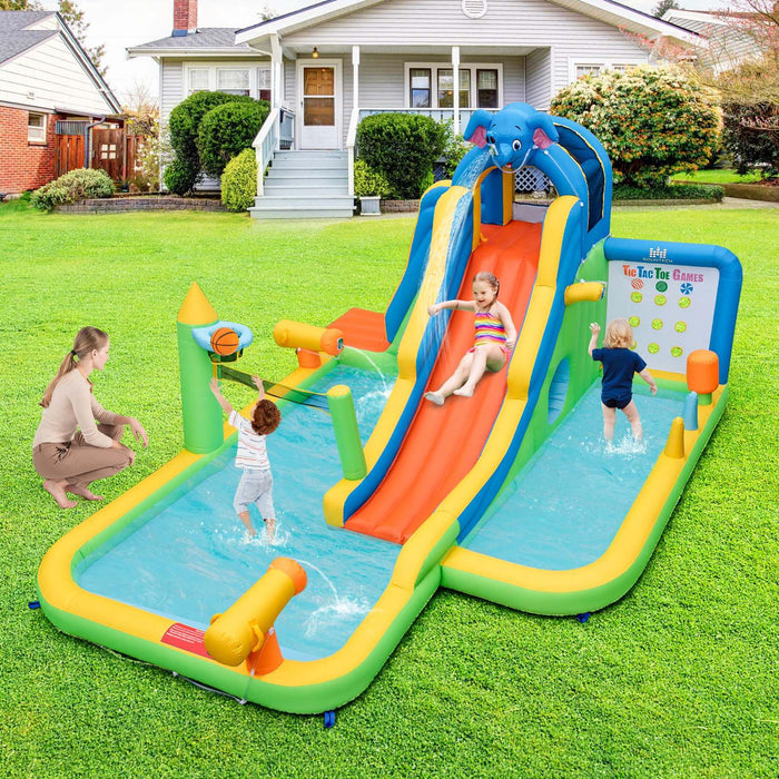 Inflatable Water Slide, 9-in-1 Water Park Jumping Castle W/Ring-toss Game, Volleyball Area, Basketball Hoop