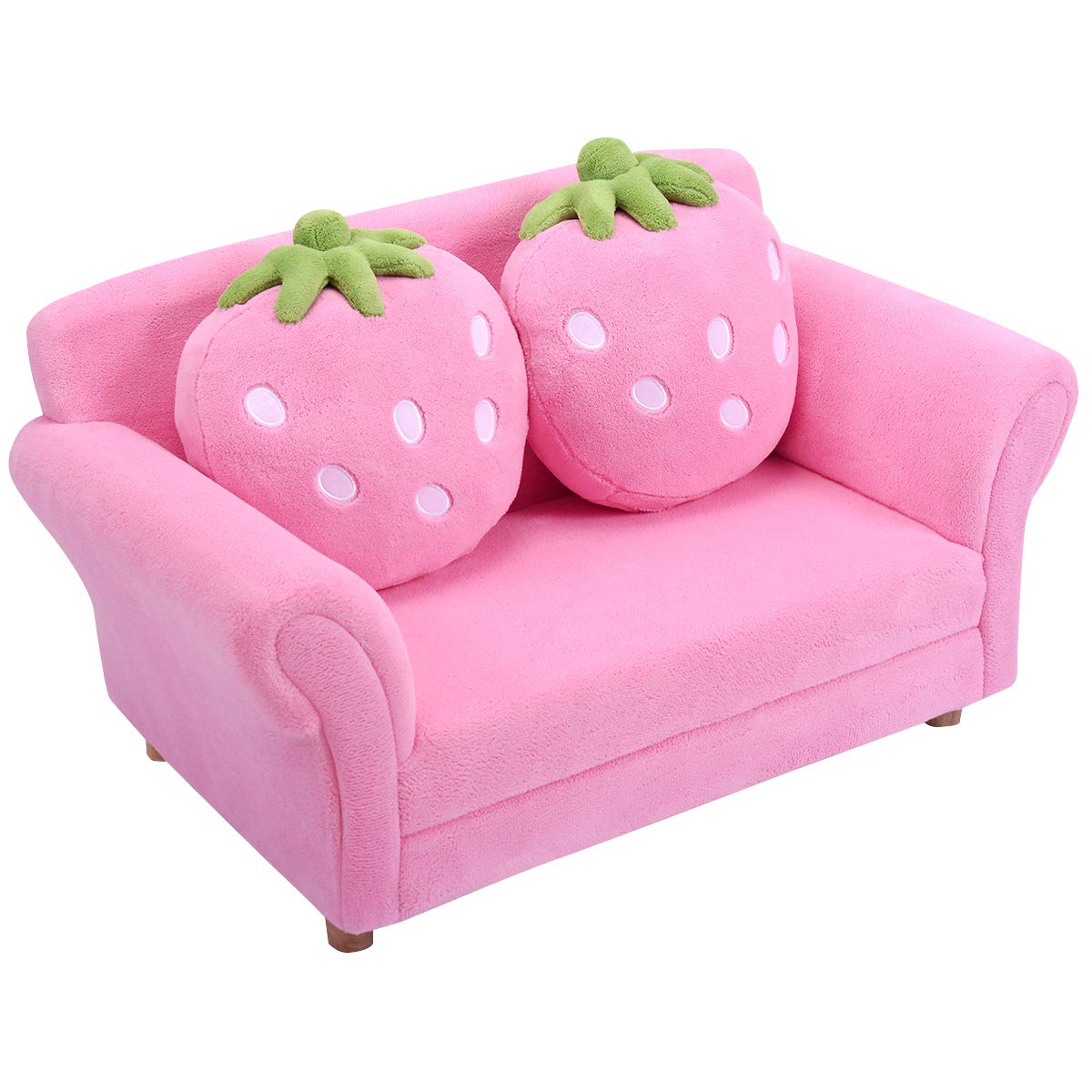 Kids Sofa with 2 Cute Strawberry Pillows, Children Couch Armrest Chair Double Seats