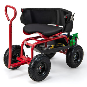 Rolling Garden Cart Scooter, Outdoor Heavy-Duty Gardening Cart w/ 26cm Tires, Swivel Seat