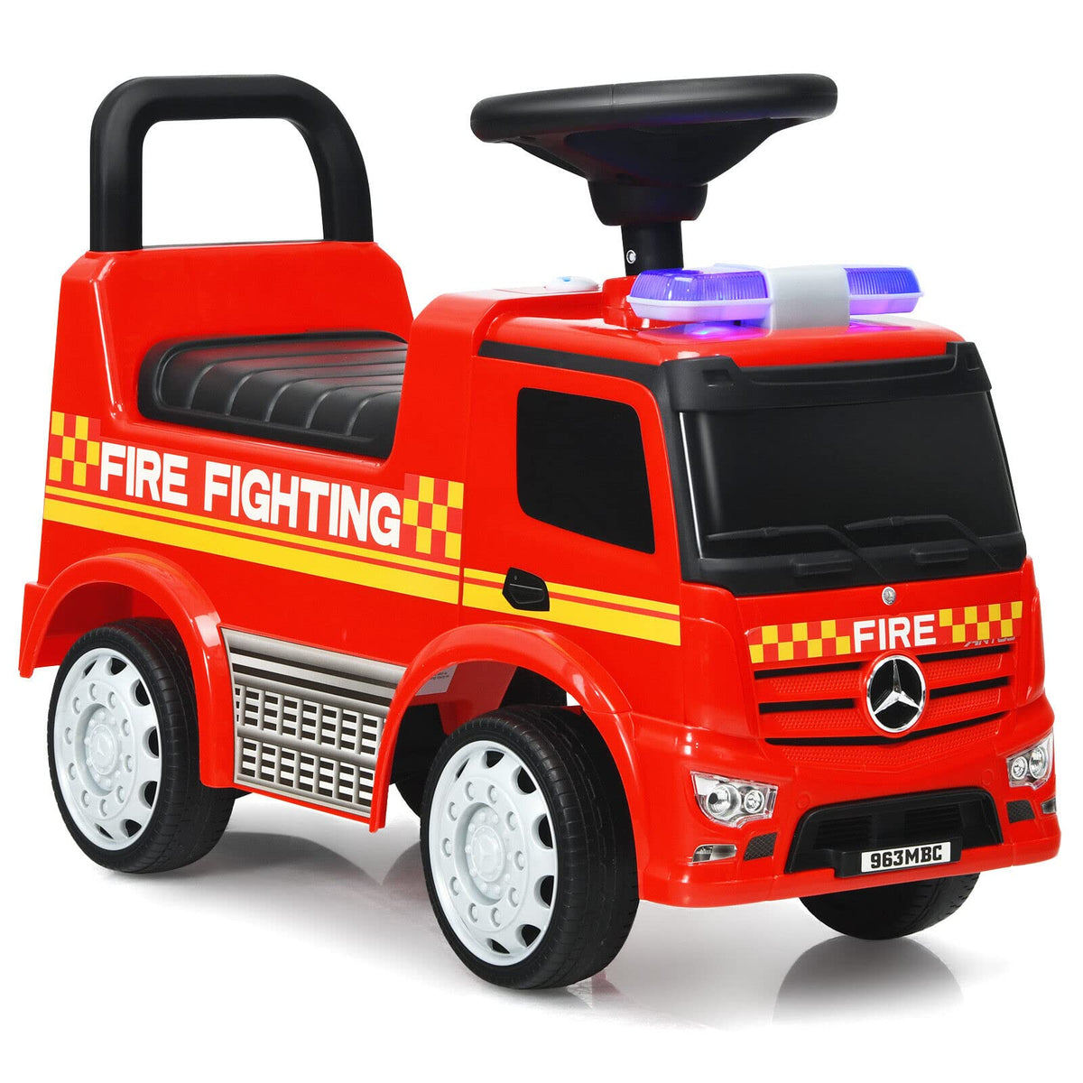 Kids Ride On Car, Benz Licensed Fire Engine w/Storage Space, Steering Wheel, Backrest