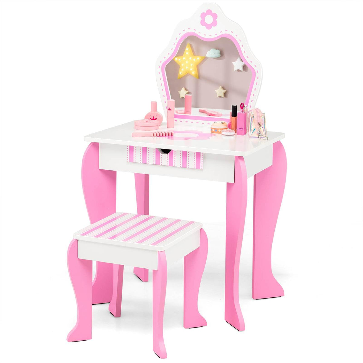 Kids Vanity Table & Stool Set, Wooden Princess Makeup Dressing Table with Detachable Top & Writing Desk