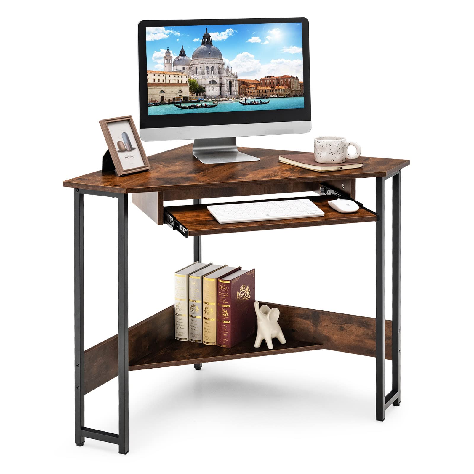 Corner Computer Desk with Keyboard Tray and newest Storage Shelf/Dark Brown (90 Degrees