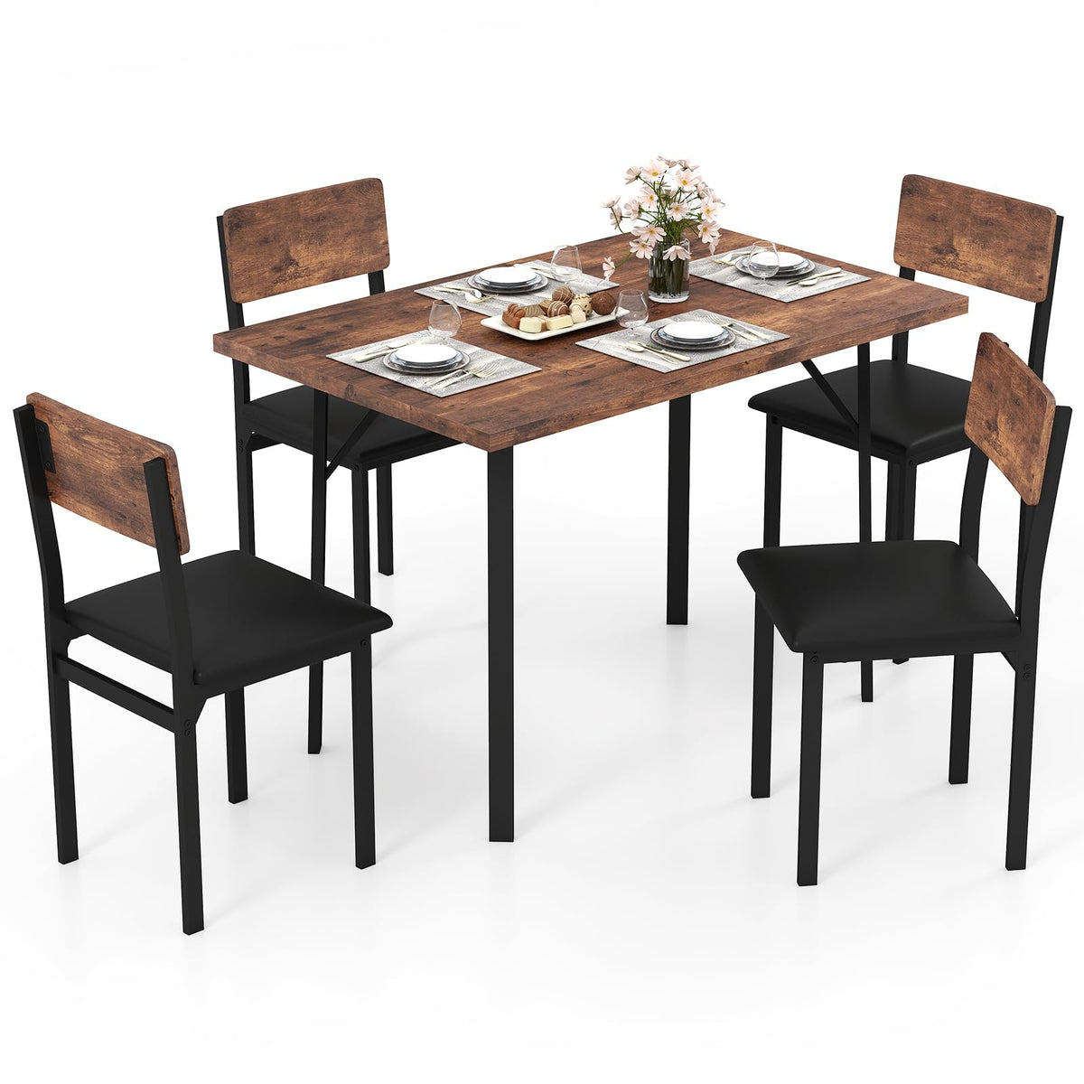 5-Piece Dining Table Set Industrial Kitchen Table and 4 PU Leather Upholstered Chairs