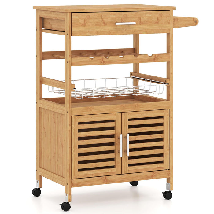 Giantex Bamboo Rolling Kitchen Island Trolley with Storage Cabinet