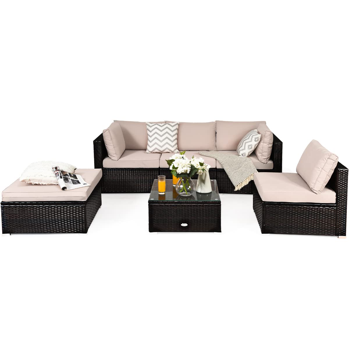 6 PCS Outdoor Rattan Sofa Set, Cushioned Sectional Set with Seat & Back Cushions