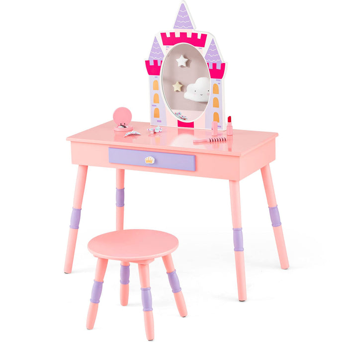 Princess Makeup Dressing Table with Drawer and Mirror-Pink