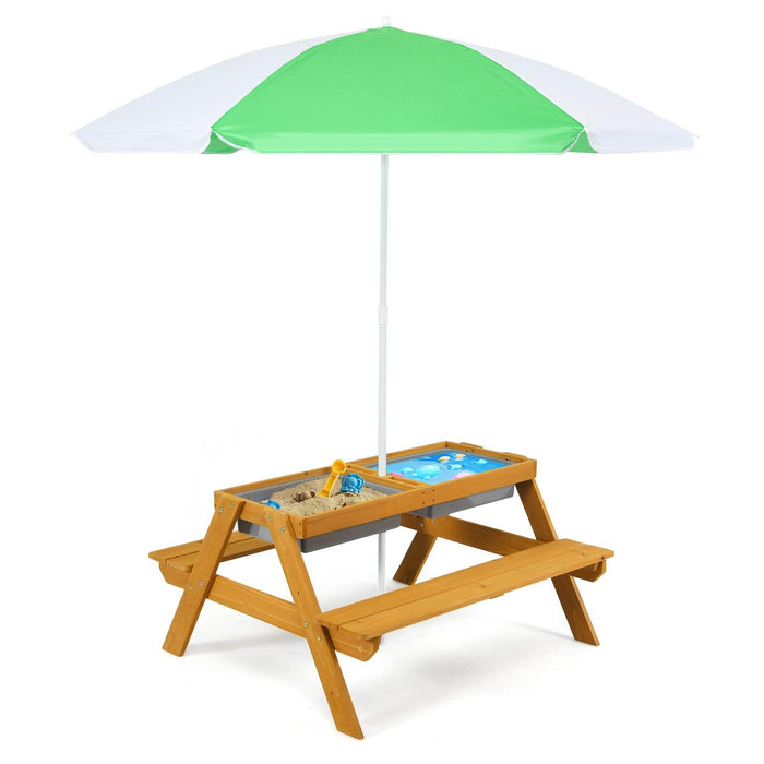 3-in-1 Kids Picnic Table Set, Children Water and Sand Table w/Removable & Height Adjustable Umbrella
