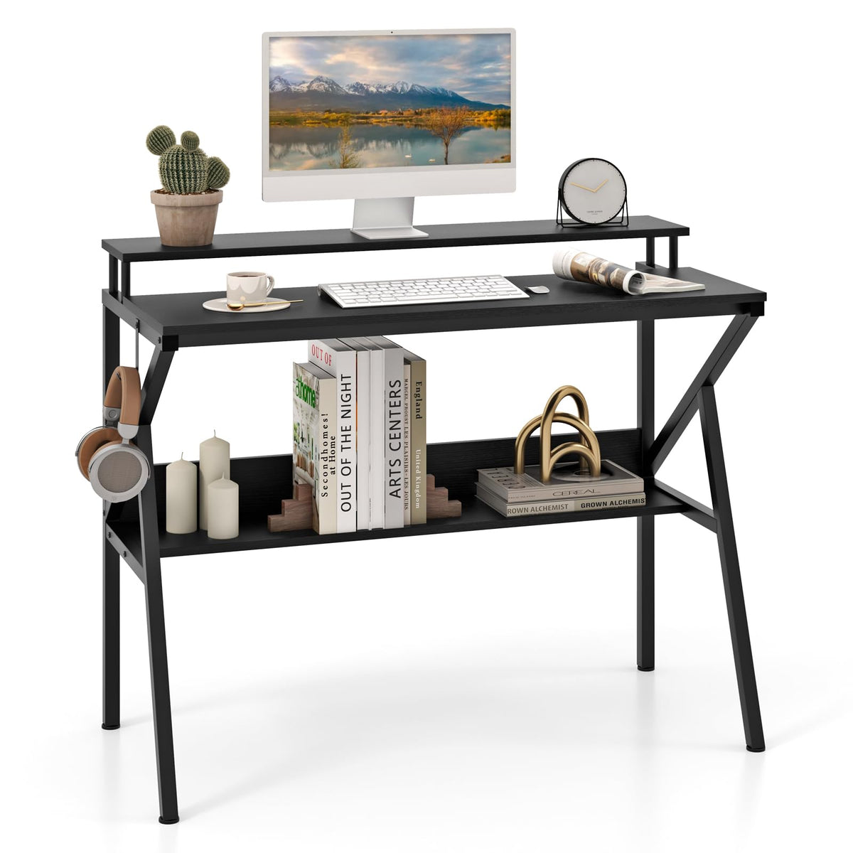 Computer Desk Versatile Writing Desk w/ Monitor Stand Hanging Hook Storage Shelf