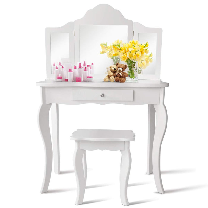 2 in 1 Kids Vanity Table & Chair Set, Princess Makeup Dressing Table with Drawer & Tri-Folding Mirror